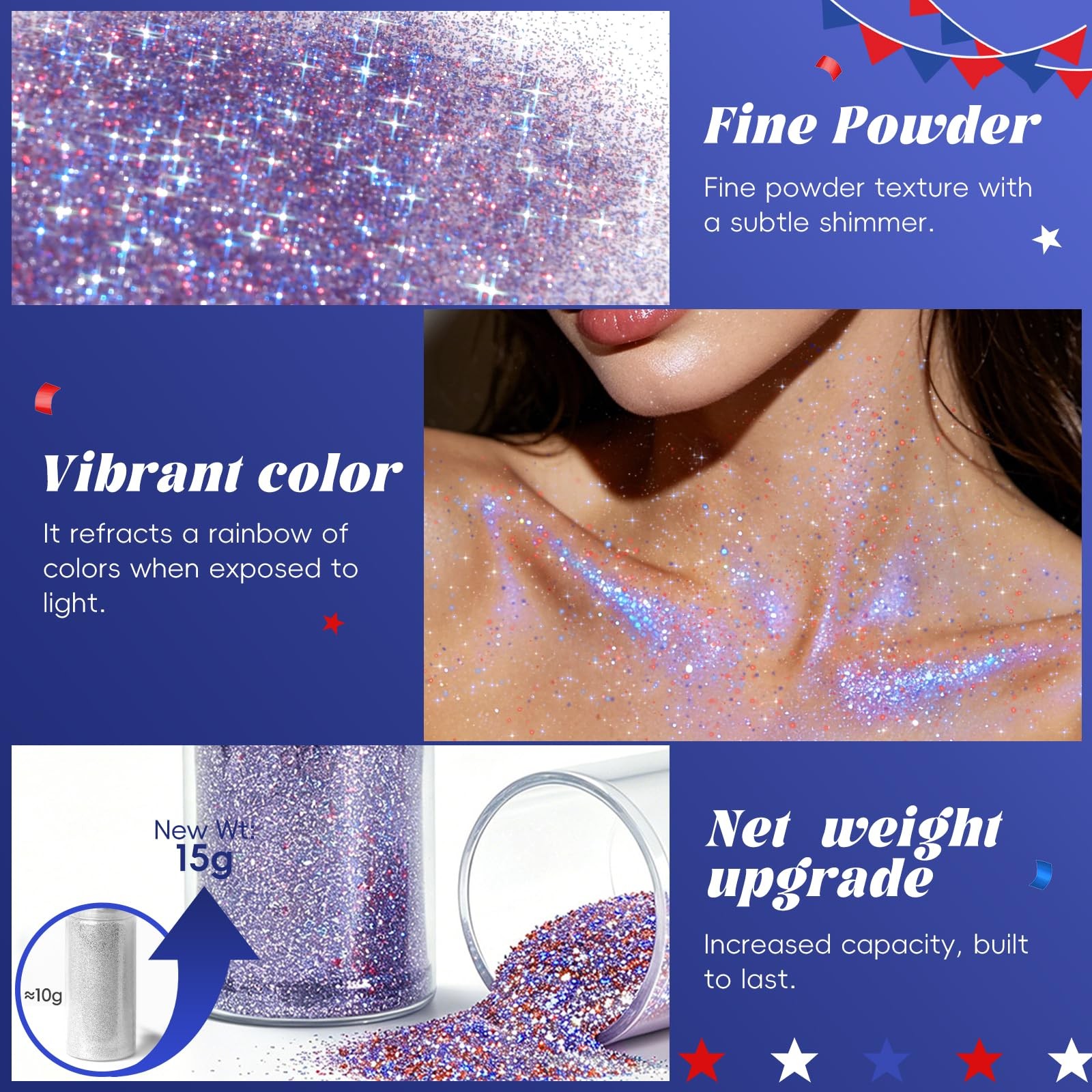 Patriotic Red White and Blue Body & Hair Glitter Spray, 15g/0.53oz, Prom Fest…