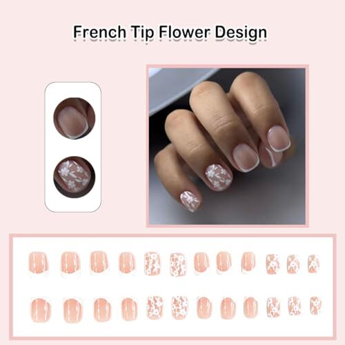 Extra Short French Tip Press on Nails Square White Glue French Tip White Flower