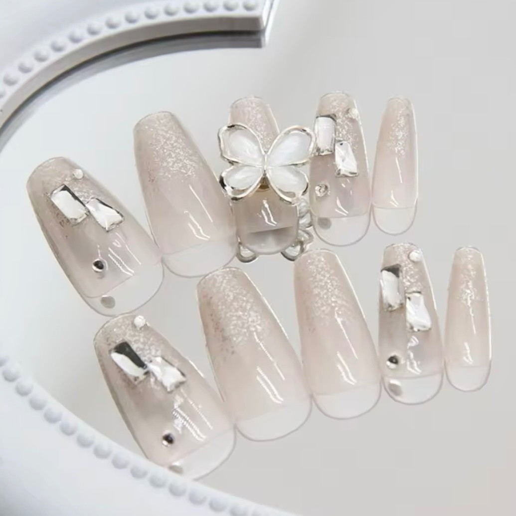 24pcs Bling Bling Butterfly Long Coffin Fake Nail – Press On Nails