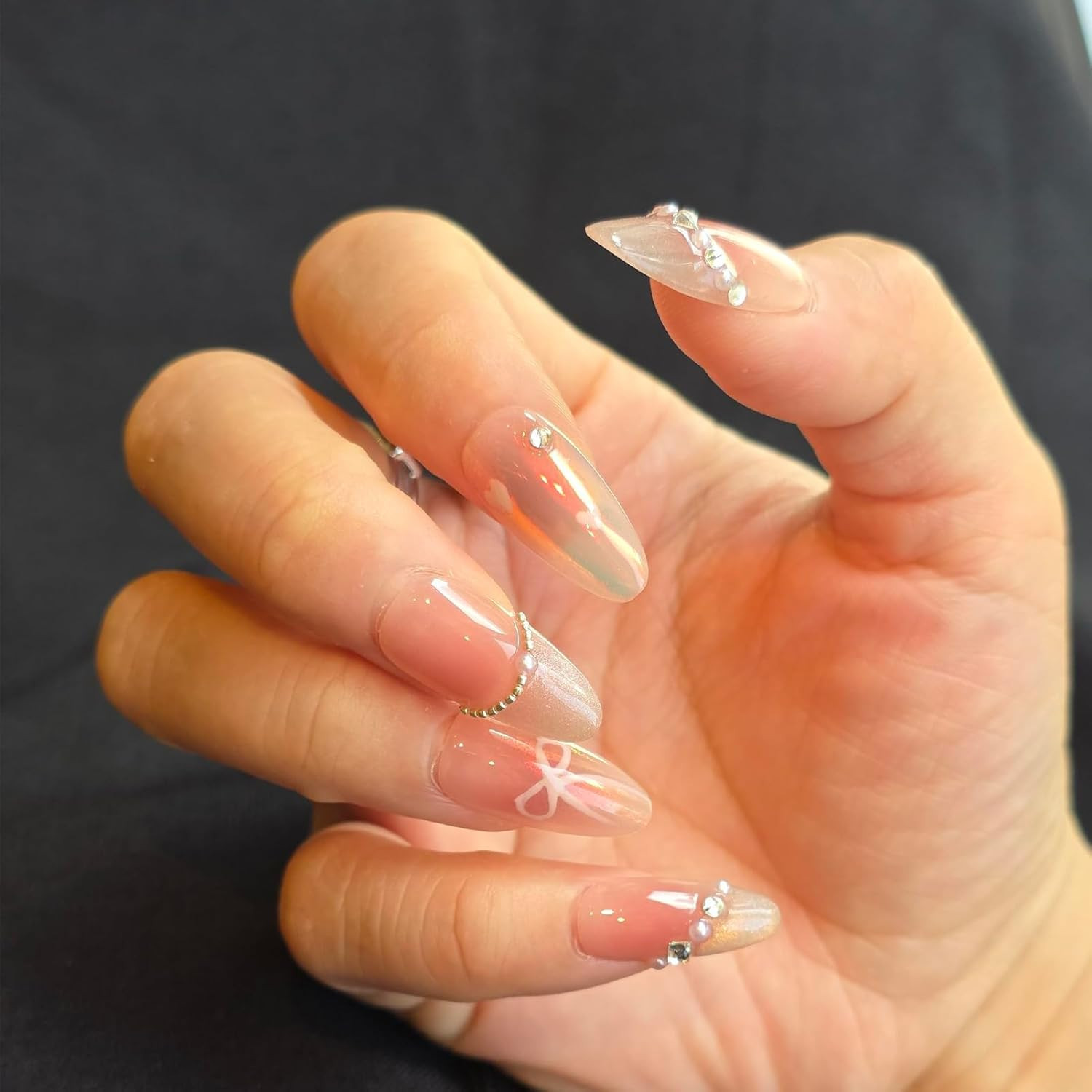 Pink Cat Eye Press on Nails – Valentine‘S Day Gifts for Her, Almond Medium with
