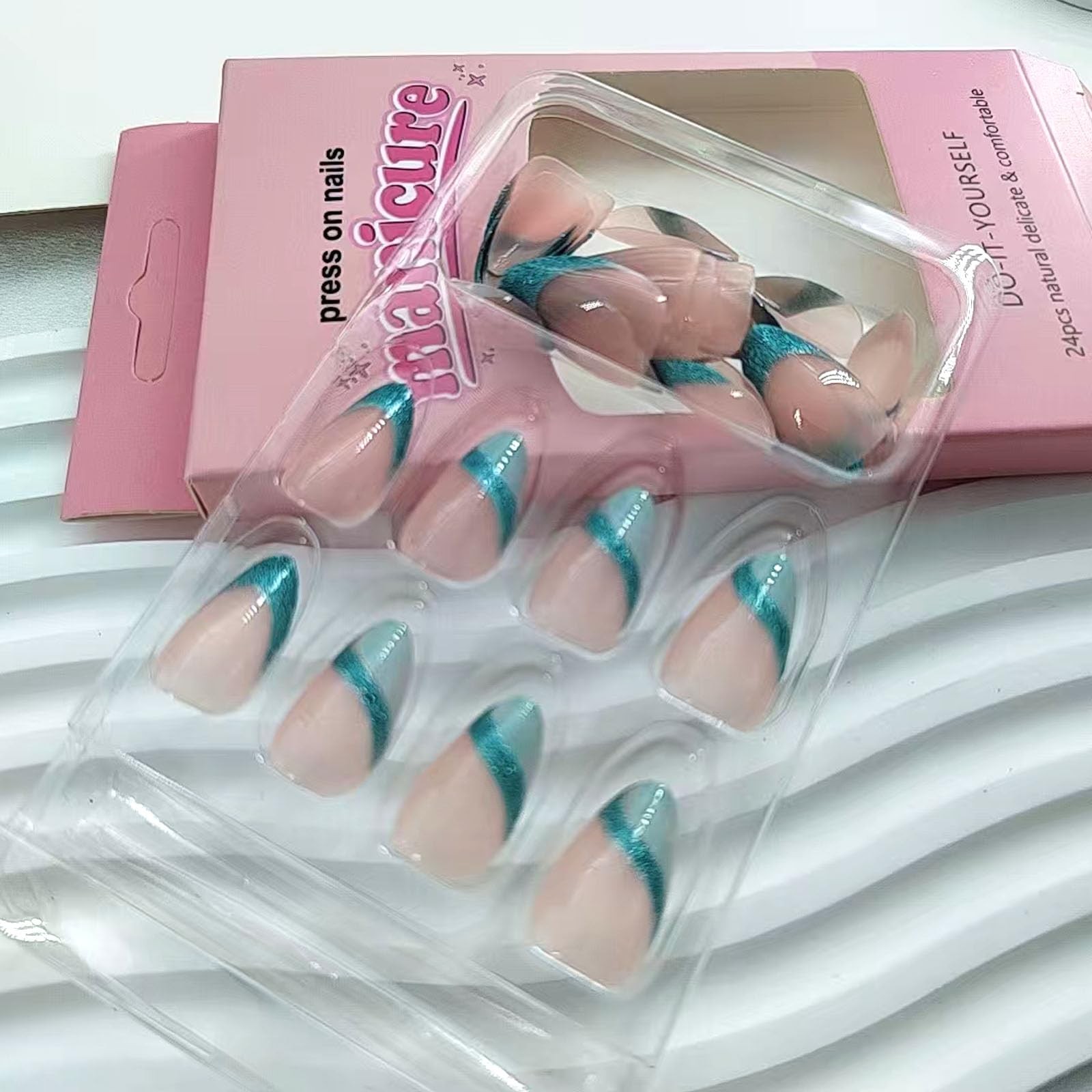 Blue French Tip Press on Nails Short Almond Fake Nails with Glitter Designs S…
