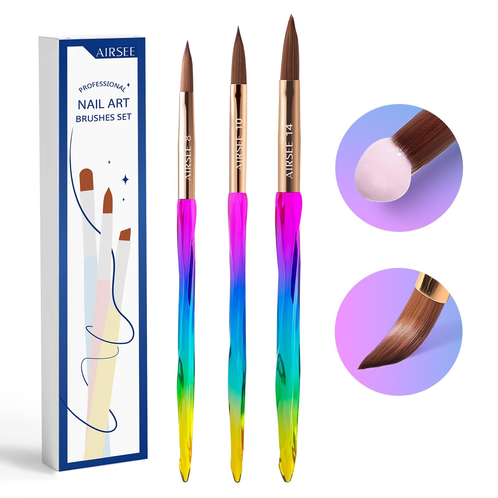 AIRSEE 3PCS Acrylic Nail Brush Set Size 8/10/14 Professional for Rainbow