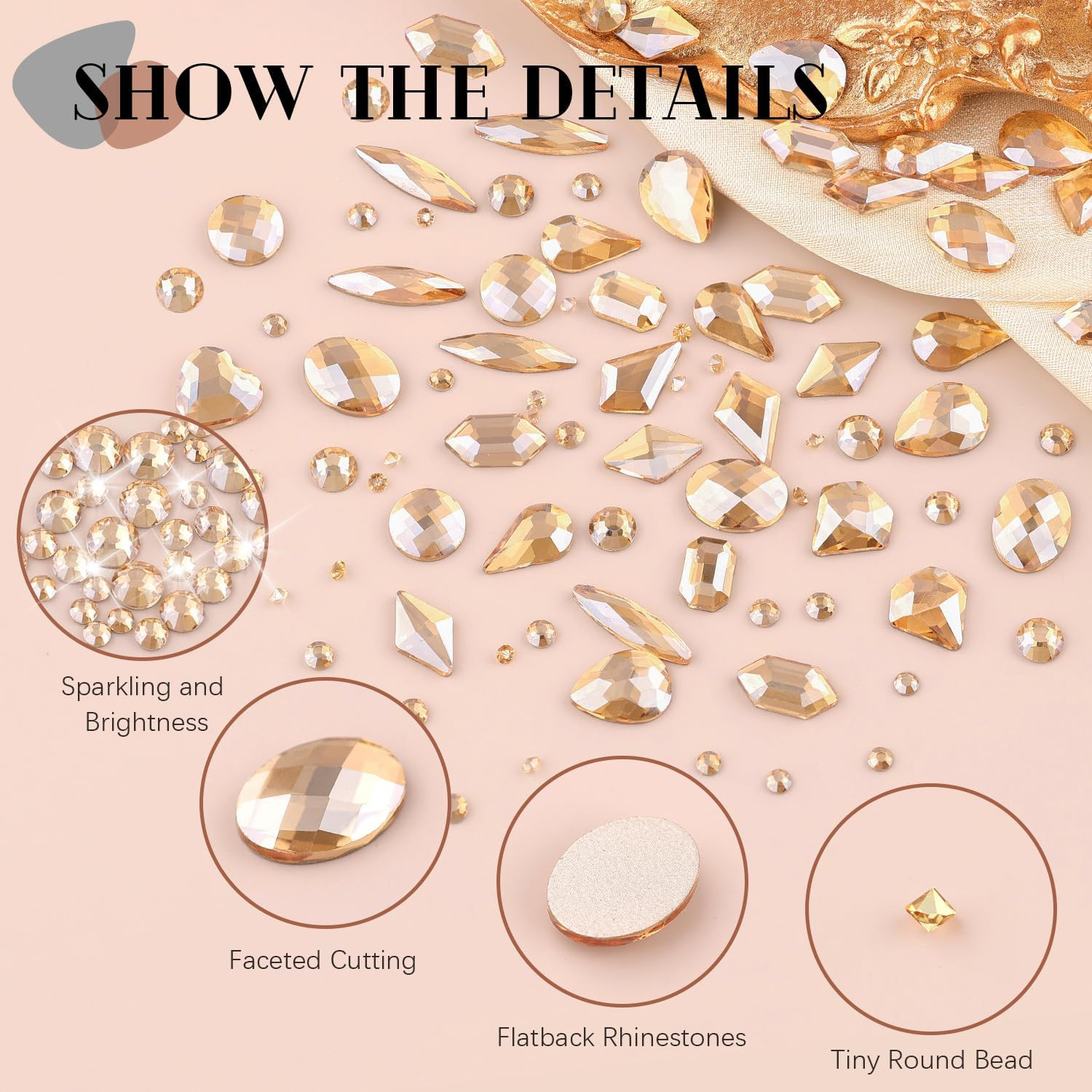 3100Pcs Champagne Gold Nail Rhinestones Kit, 1.5-3Mm Mini Nail Gems + Multi Shap