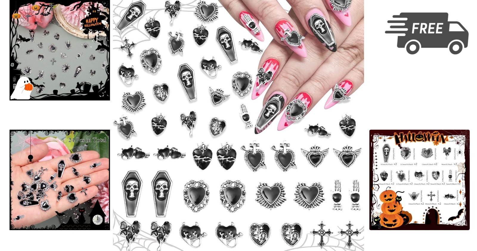 Halloween Nail Charms 24pcs Gothic Heart Cross Tombstone Gems Art Accessories