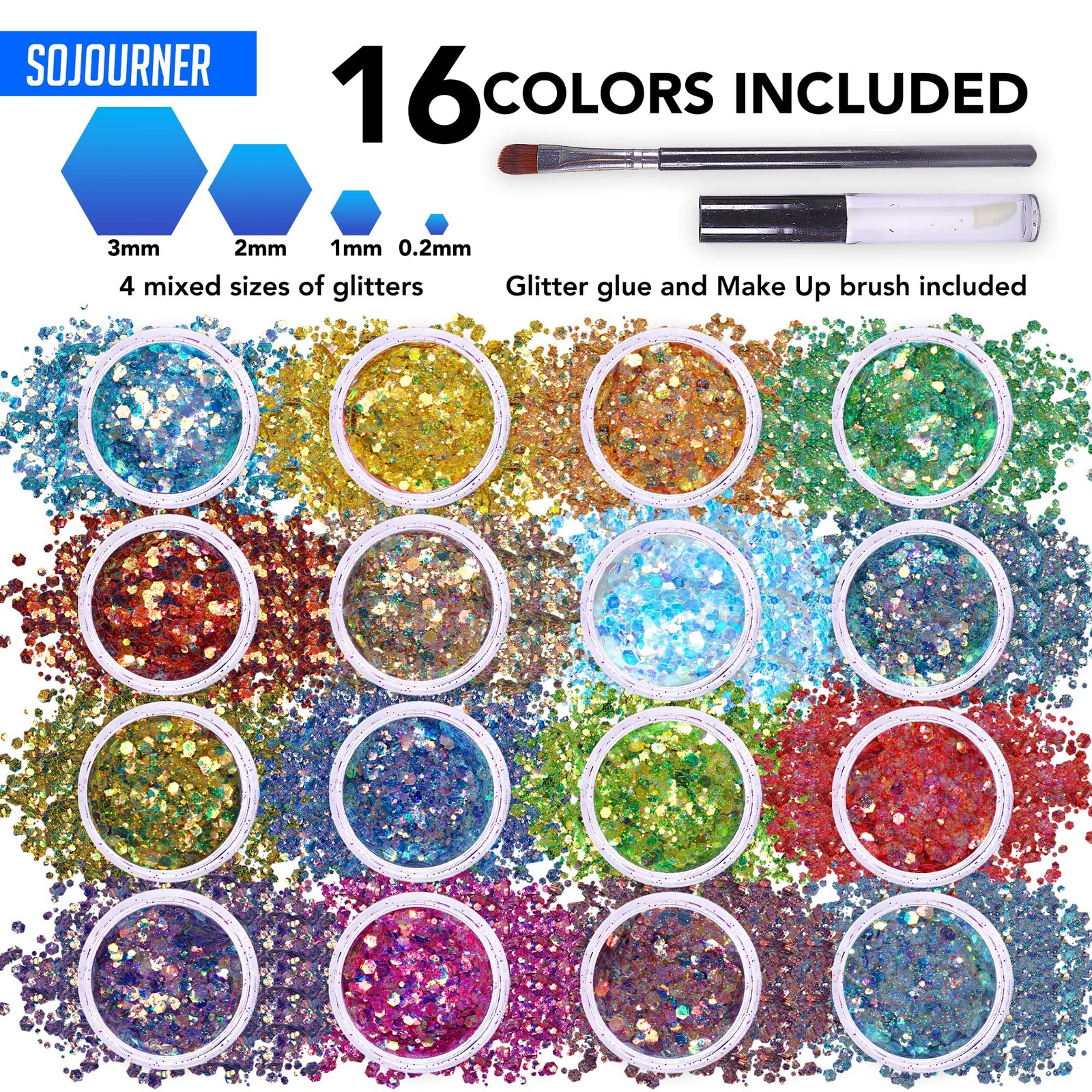 Body Glitter Set for Face & Hair – 16 Colors Fairy Tears Chunky Holographic Fest