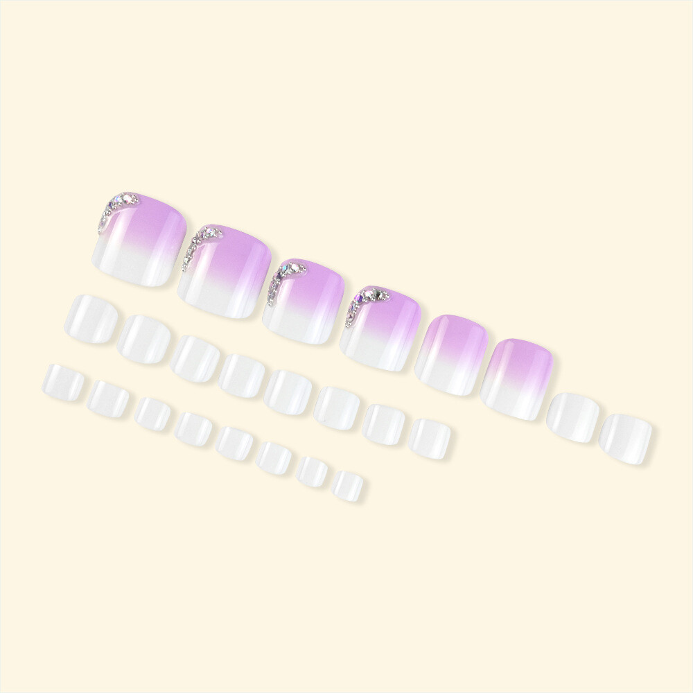 Short Toe Press-On Fake Nail Glitter Diamond Pure Color Gradient Pedciure 24pcs