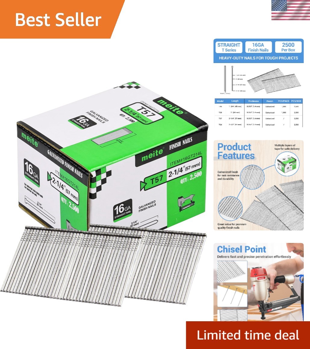 16GA Galvanized Finish Nails – 2-1/4 Inch, Smooth Shank, 2500 PCS, Clean Finish