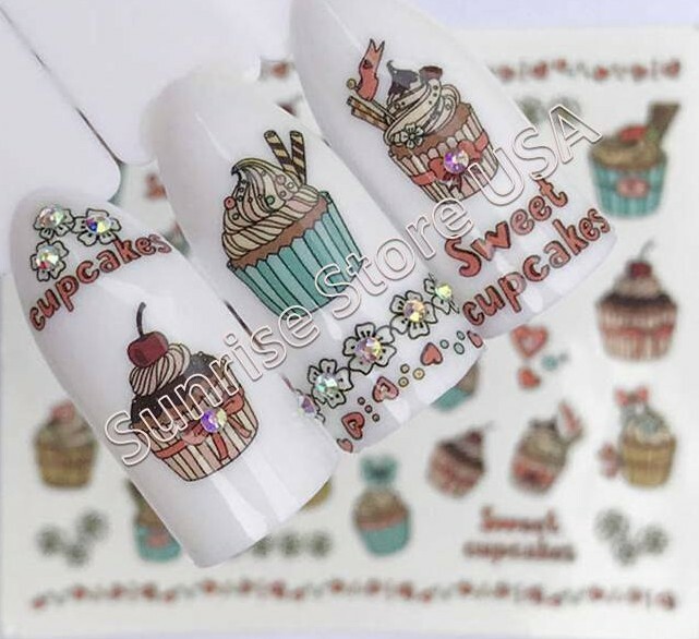 Nail Art Water Transfer Sticker Cake Cupcake Cherry Fruit Flower Decals Manicure