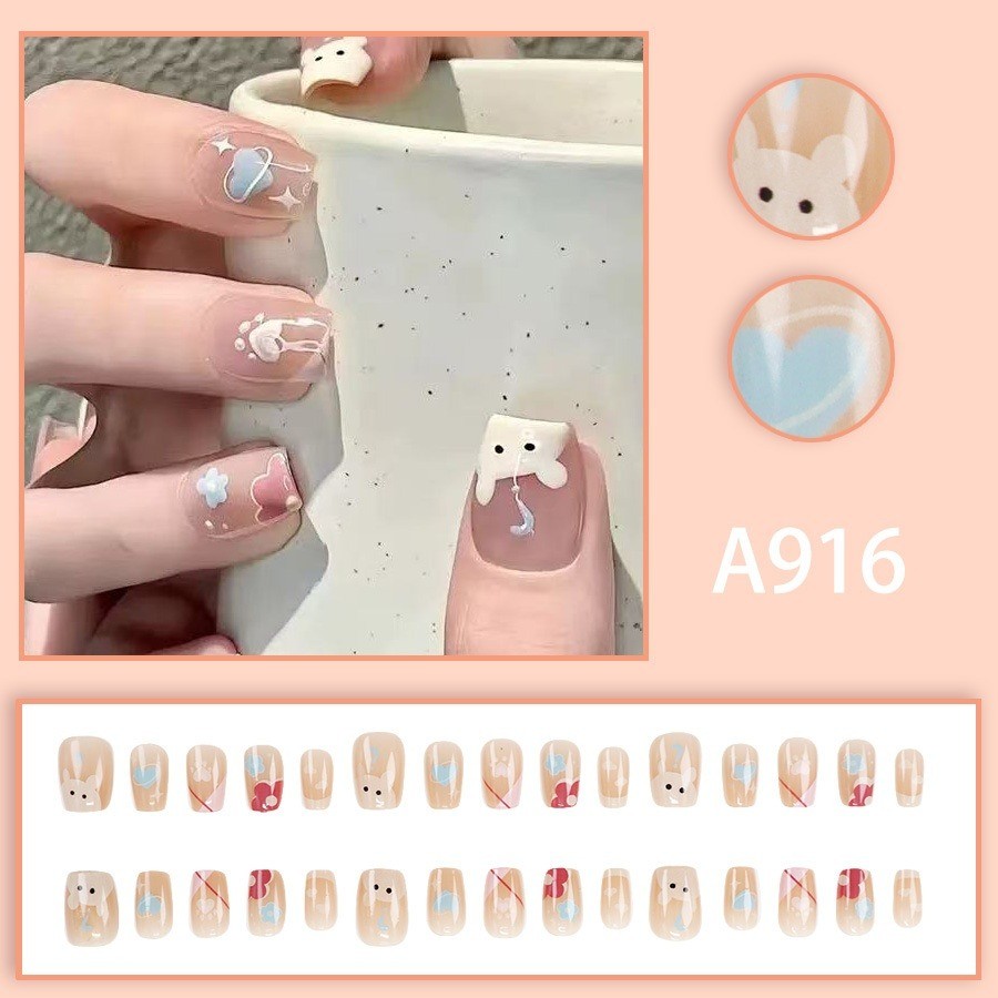 60Pcs Cute Bear Cartoon Press on Nails, Short Square Lovely Glossy Fake Nails