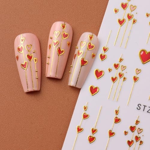 8pcs Mini Heart Nail Art Stickers with Golden Line, Valentine’s Day Romantic
