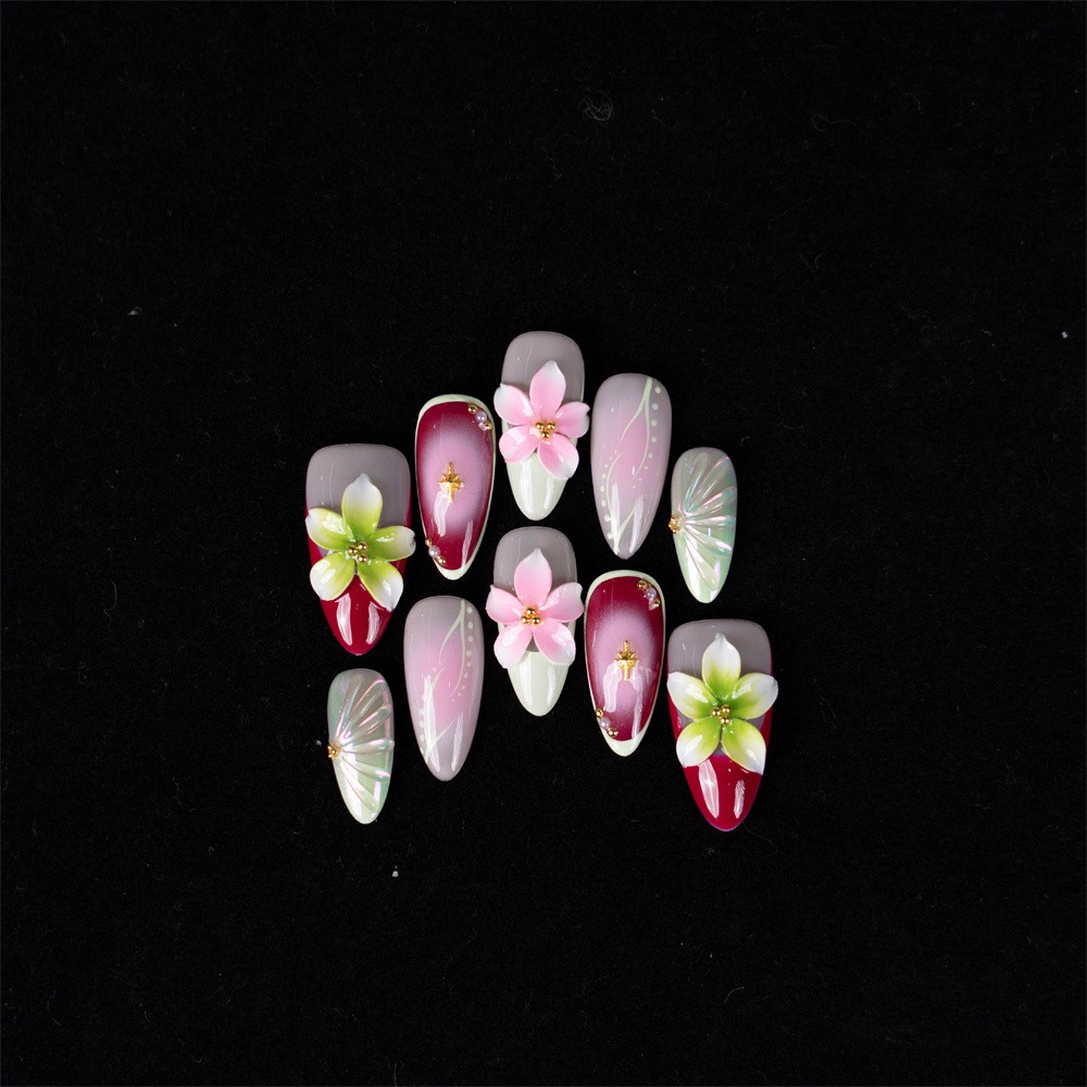 10pcs Red Pink Green Gradient Nails 3D Flower Butterfly Glossy Party