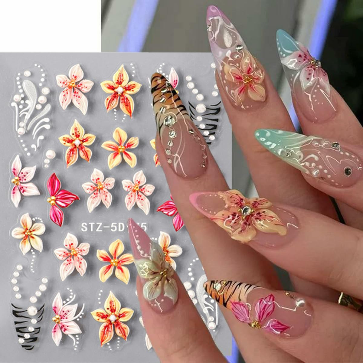 5D Flower Nail Stickers for Nail Art,5D Embossed Flower Nail Art Stickers Decals