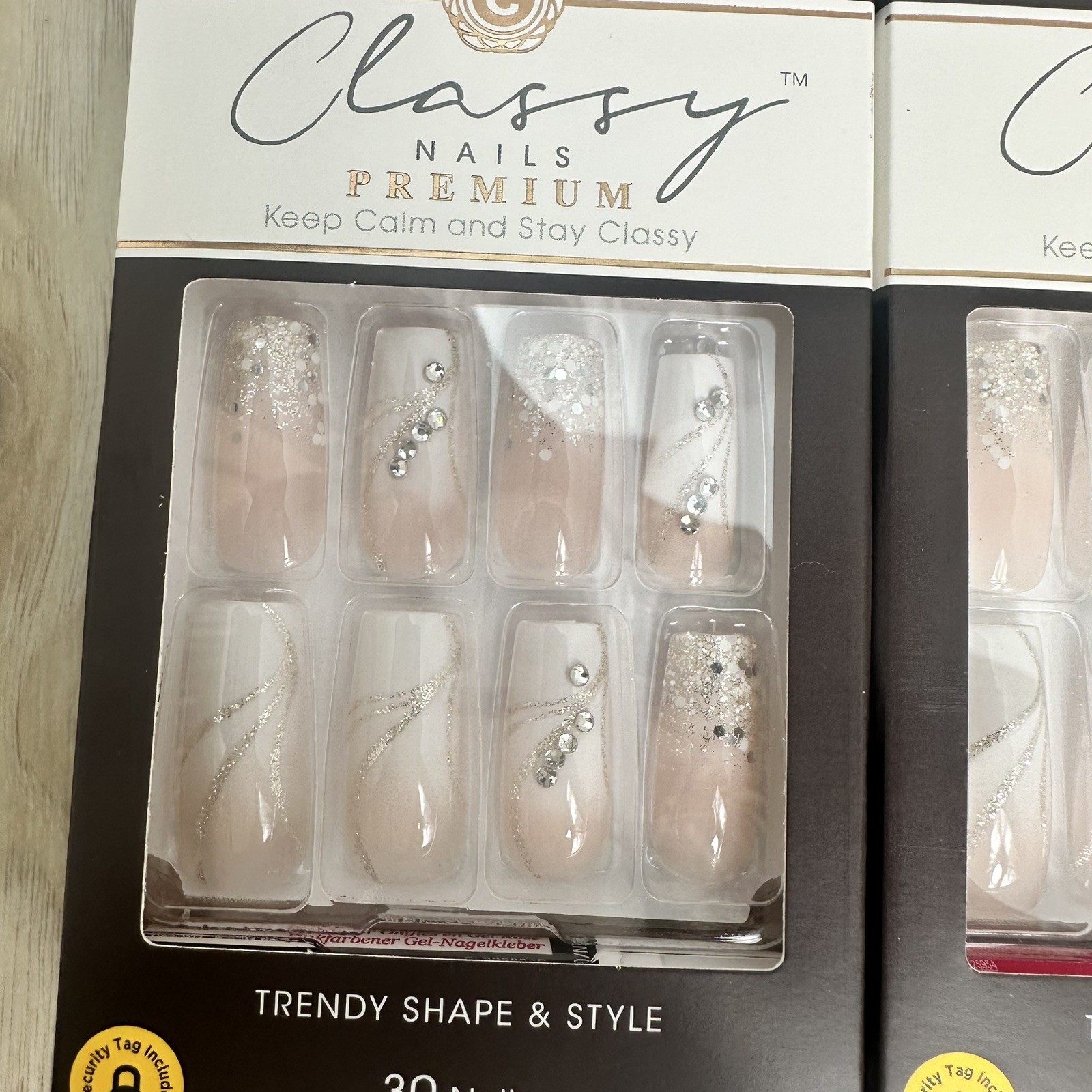 Kiss Classy Press On Nails Long Nude Glitter Rhinestones Wedding Prom 2 Pack