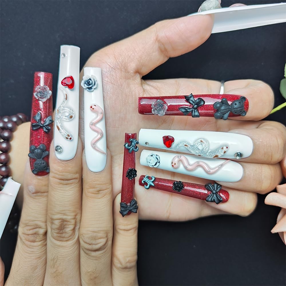 Dark Cherry Love Long Handmade Acrylic Press On Nails