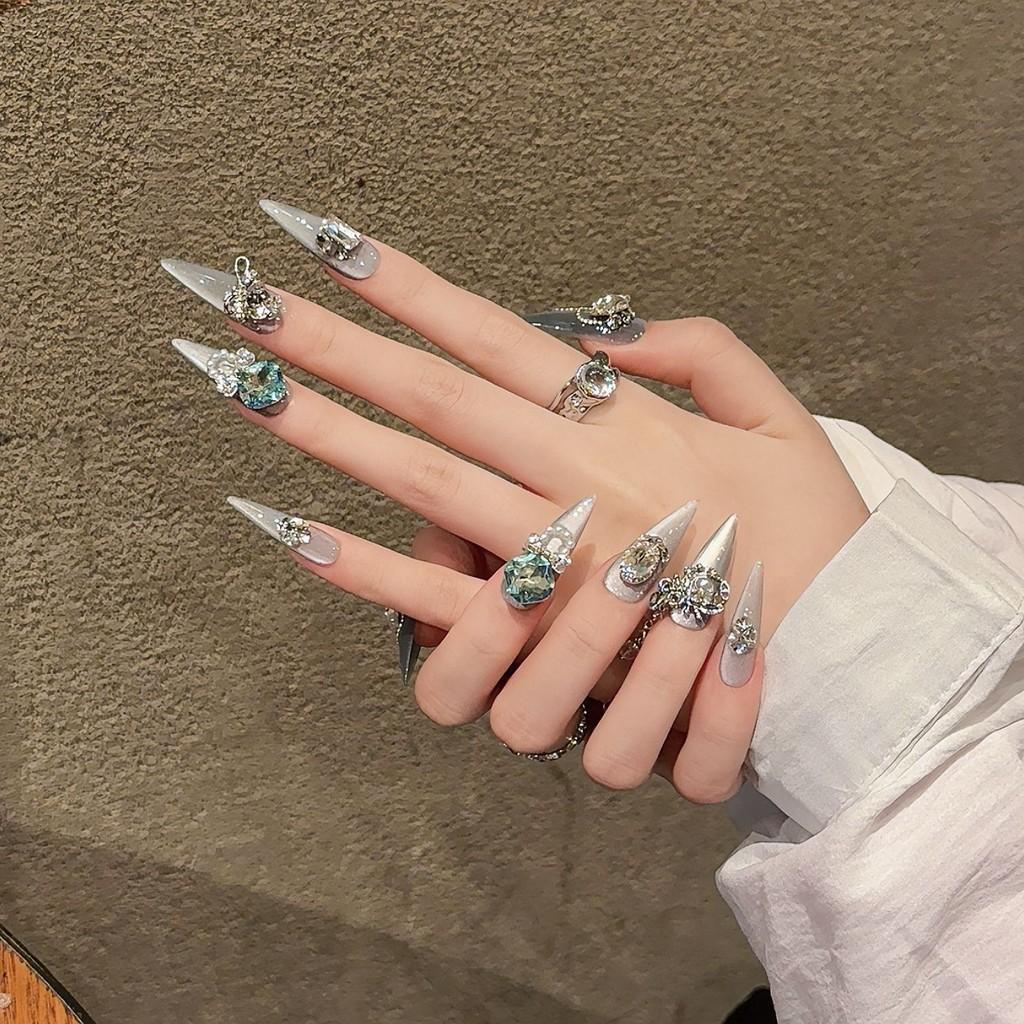 Handmade Blue 3D Clear Cat Eye Diamond False Nail Long Water Drop Press On Nail
