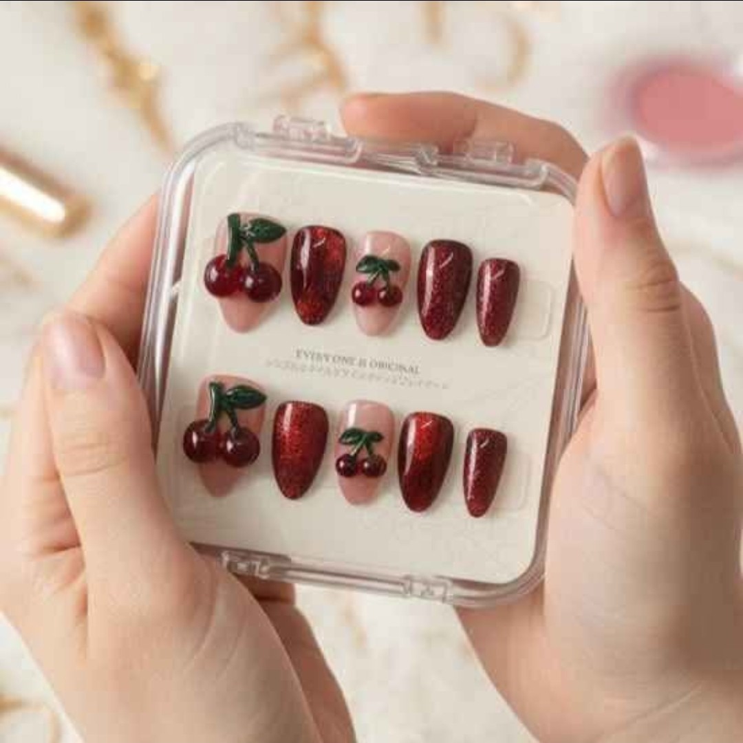3D Cherry Press-On Nails Red Cateye Reusable Handcrafted Size: Small