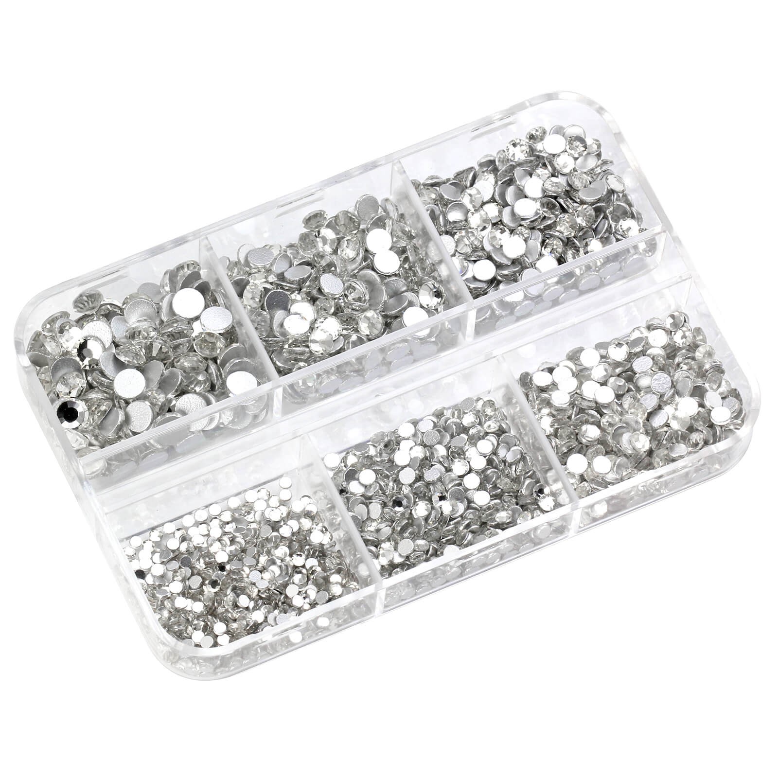 Box of 2100 Flatback Glass Rhinestones in 6 Assorted Sizes for Nails & Crafting