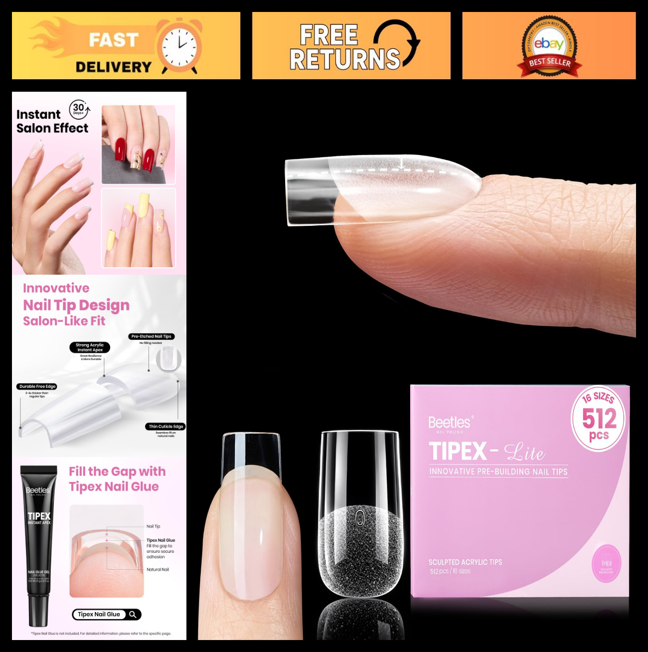 Instant Nail Tips – Short Square 512pcs (00-14) | No Builder Gel, DIY Acrylic Ex