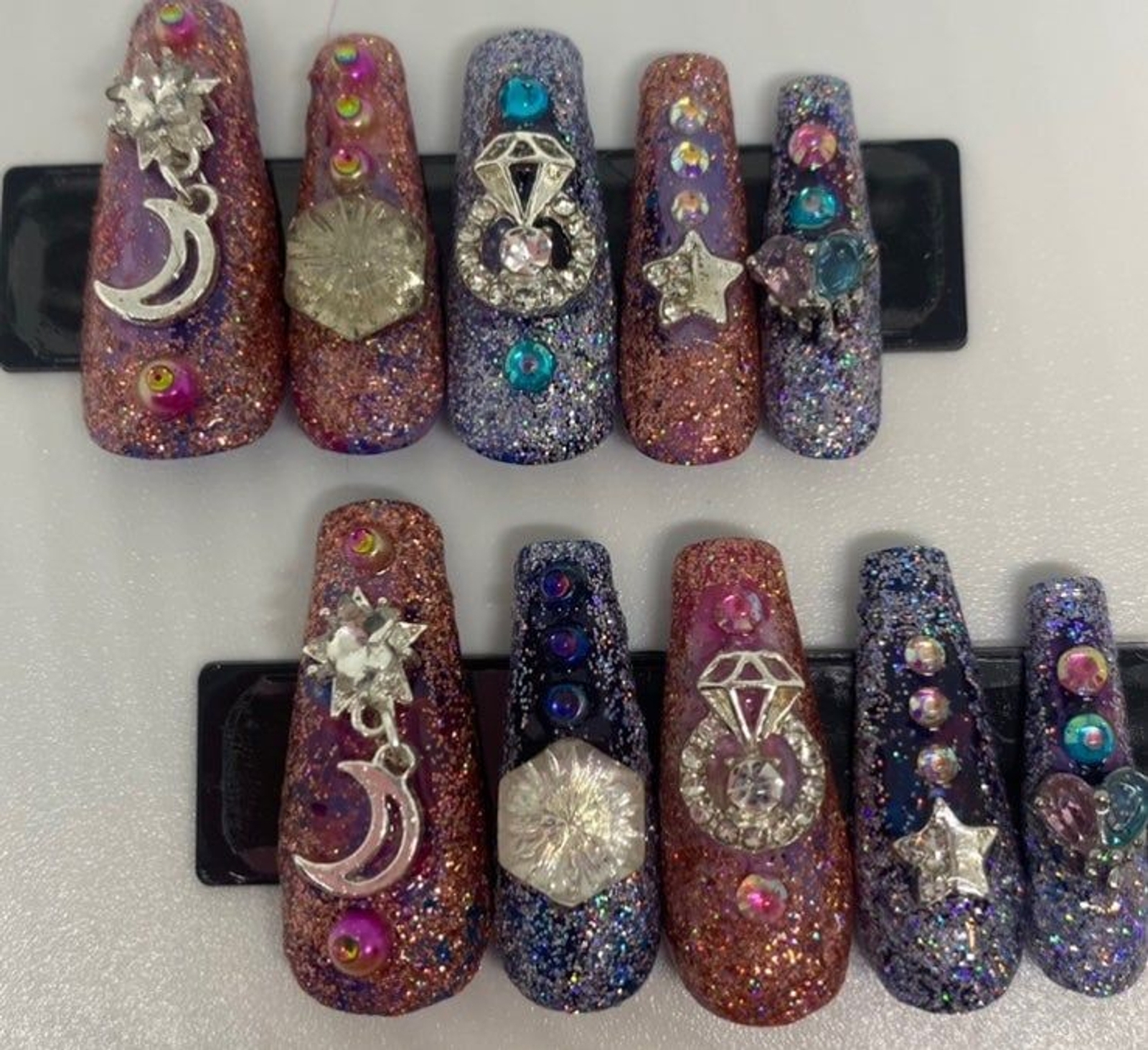 Pink and Blue Glitter Glam Handmade Press On Nail Set