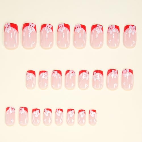 Short Square Red French Tip Press on Nails – White Flower Design, Full Style-21