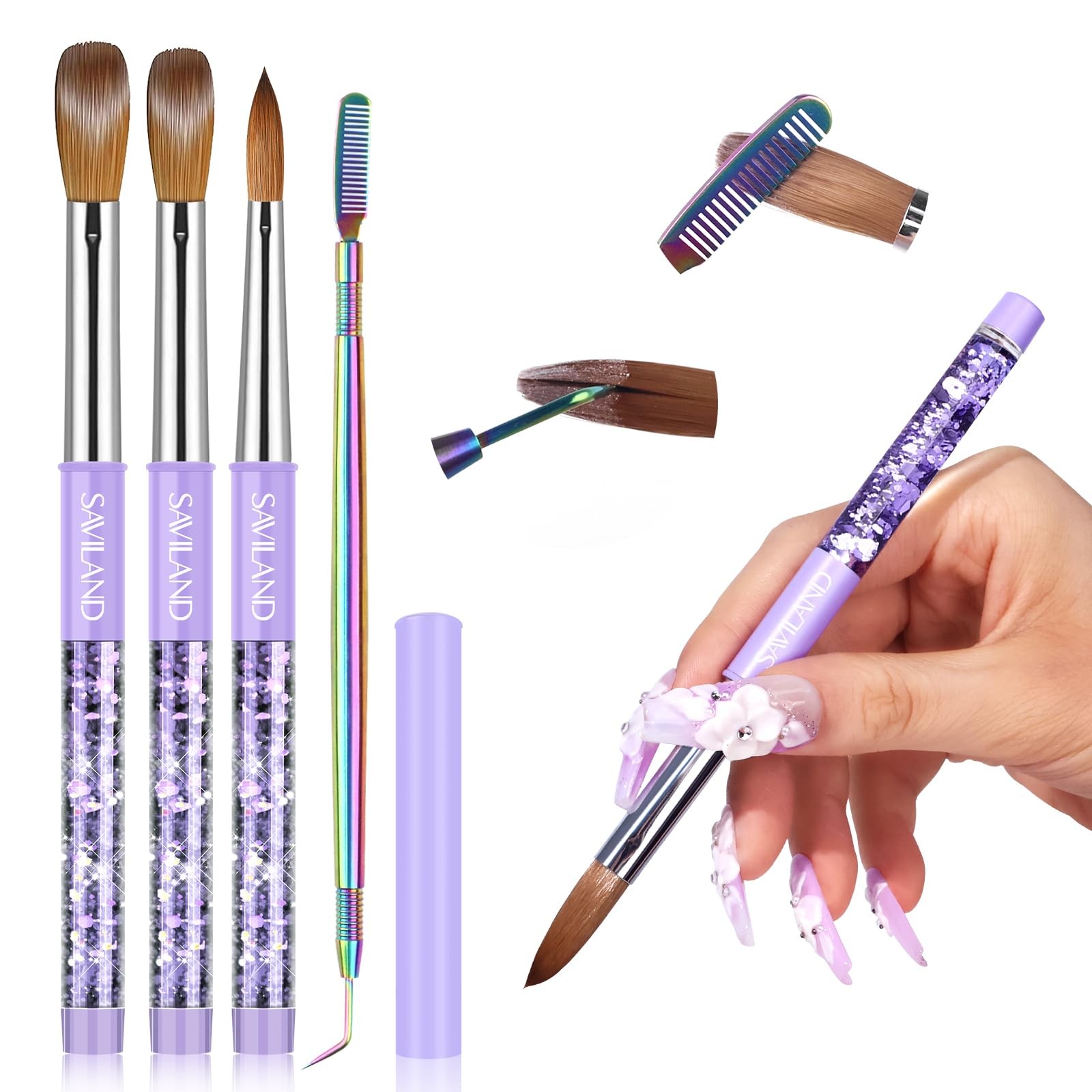 SAVILAND Kolinsky Acrylic Nail Brush 3-Piece Set (Sizes 6, 10, 14), Purple