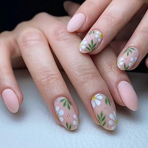 Flower Press on Nails Short Length, Oval Short Nude White Floral Green Leaf