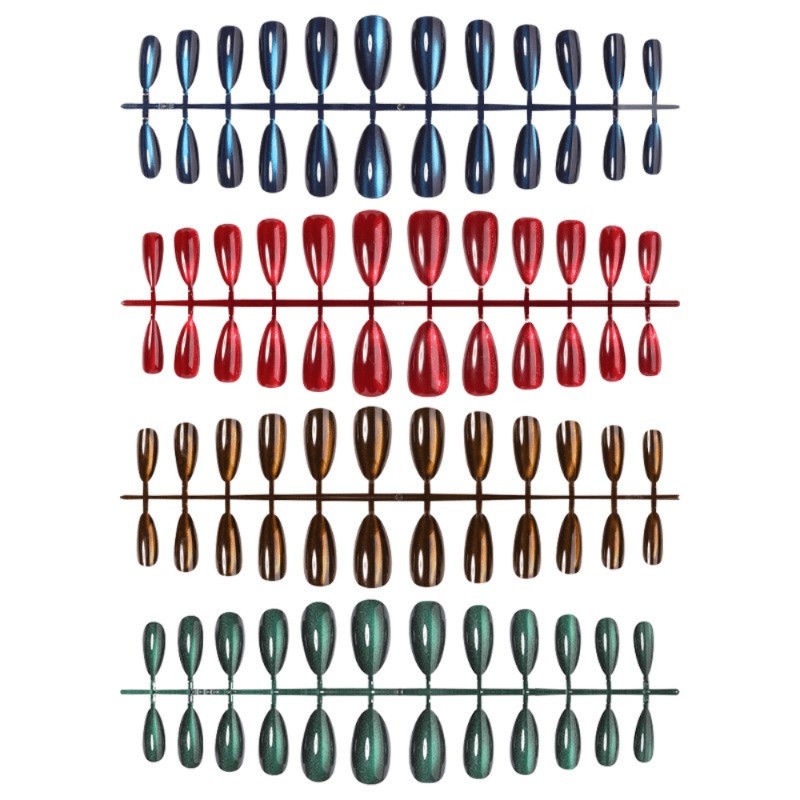 96 vibrant cat eye gloss press in nails – Medium almond length fake nail art