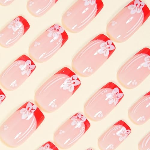 Short Square Red French Tip Press on Nails – White Flower Design, Full Style-21