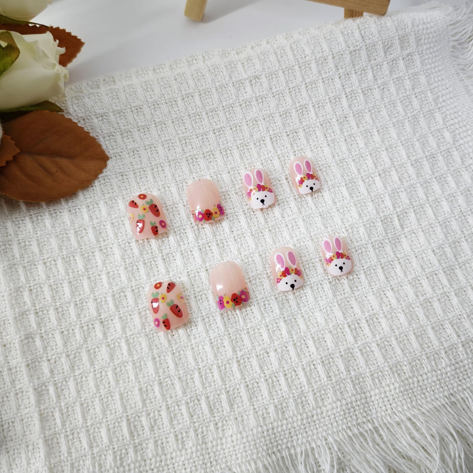 Easter Press on Nails Short Square Fake Nails Cute Bunny & Carrot Design Fals…