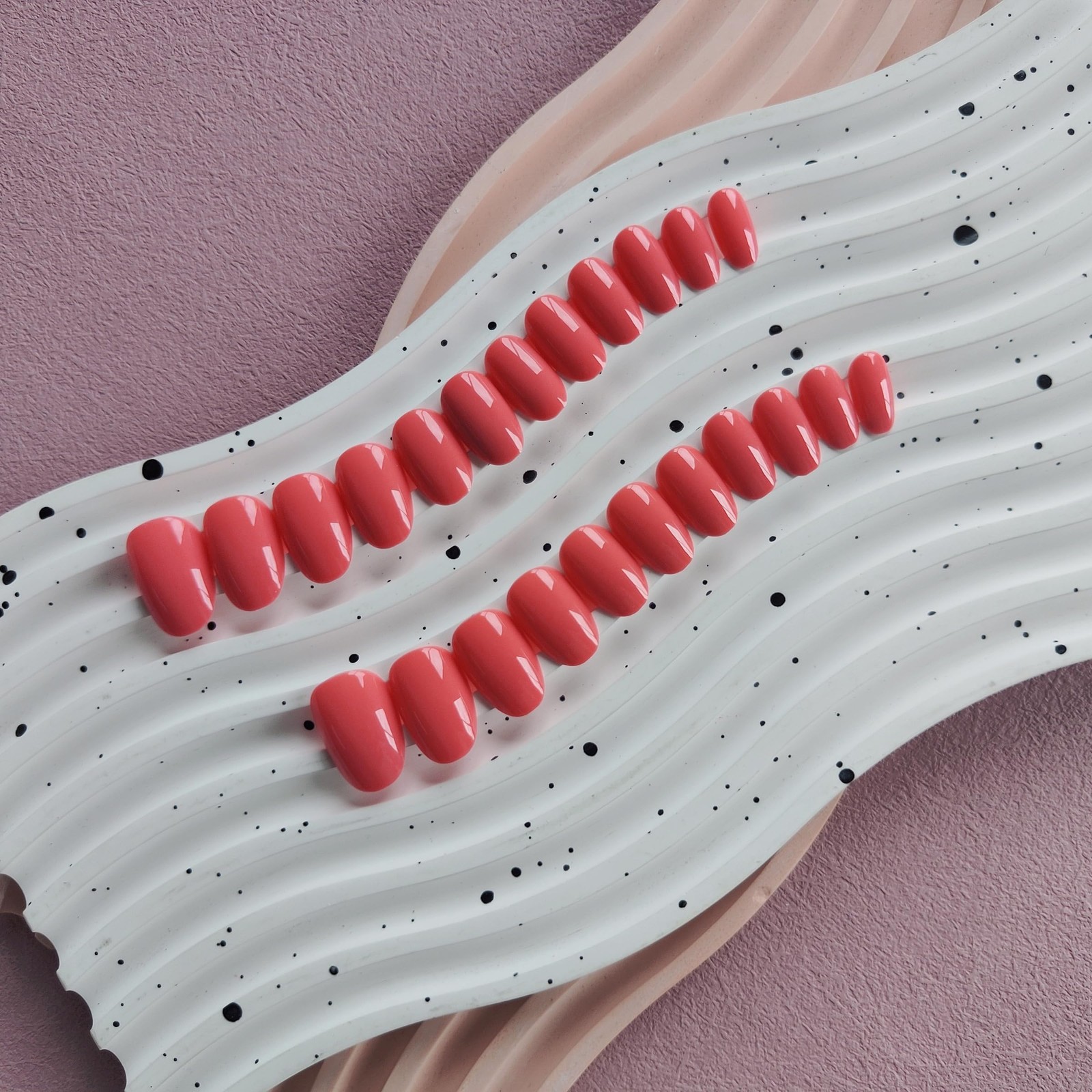 Coral Press On Nails Short Oval,KQueenest Thick 24 pieces, glossy coral