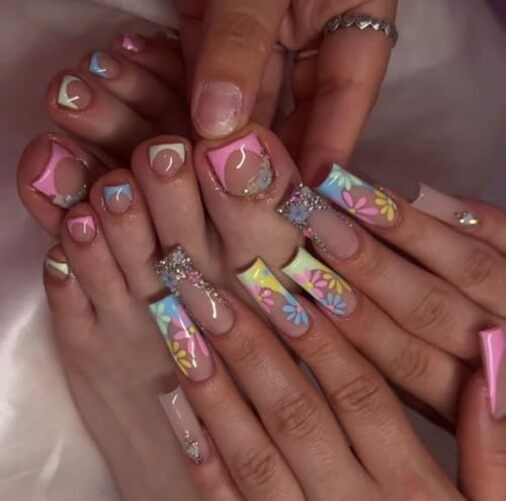 48Pcs Summer Flower Press on Nails Long & Press on Toenail for Girls Color6