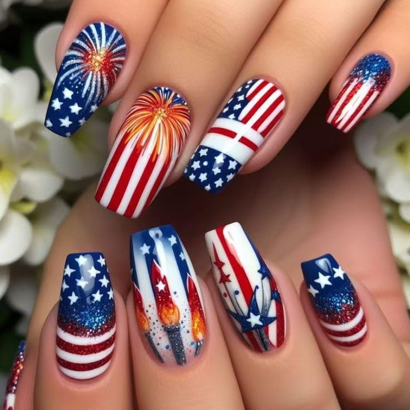 48p-Patriotic Fake Nails with Red White Blue Glitter, Fireworks and Star Details