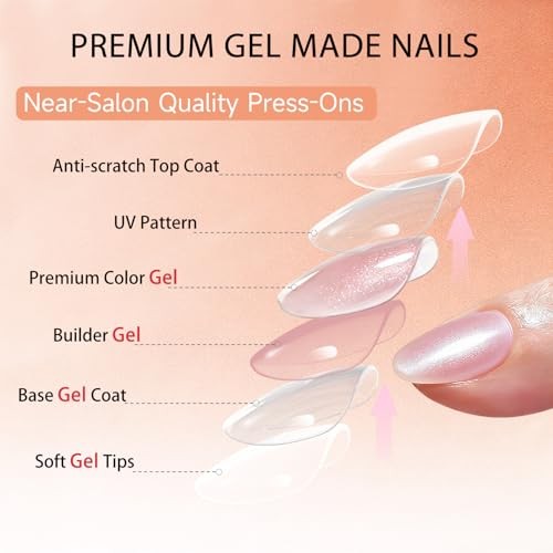 Cat Eye Press on Nails Short, Chrome Press on Nails Oval, Thick Glazed Pink