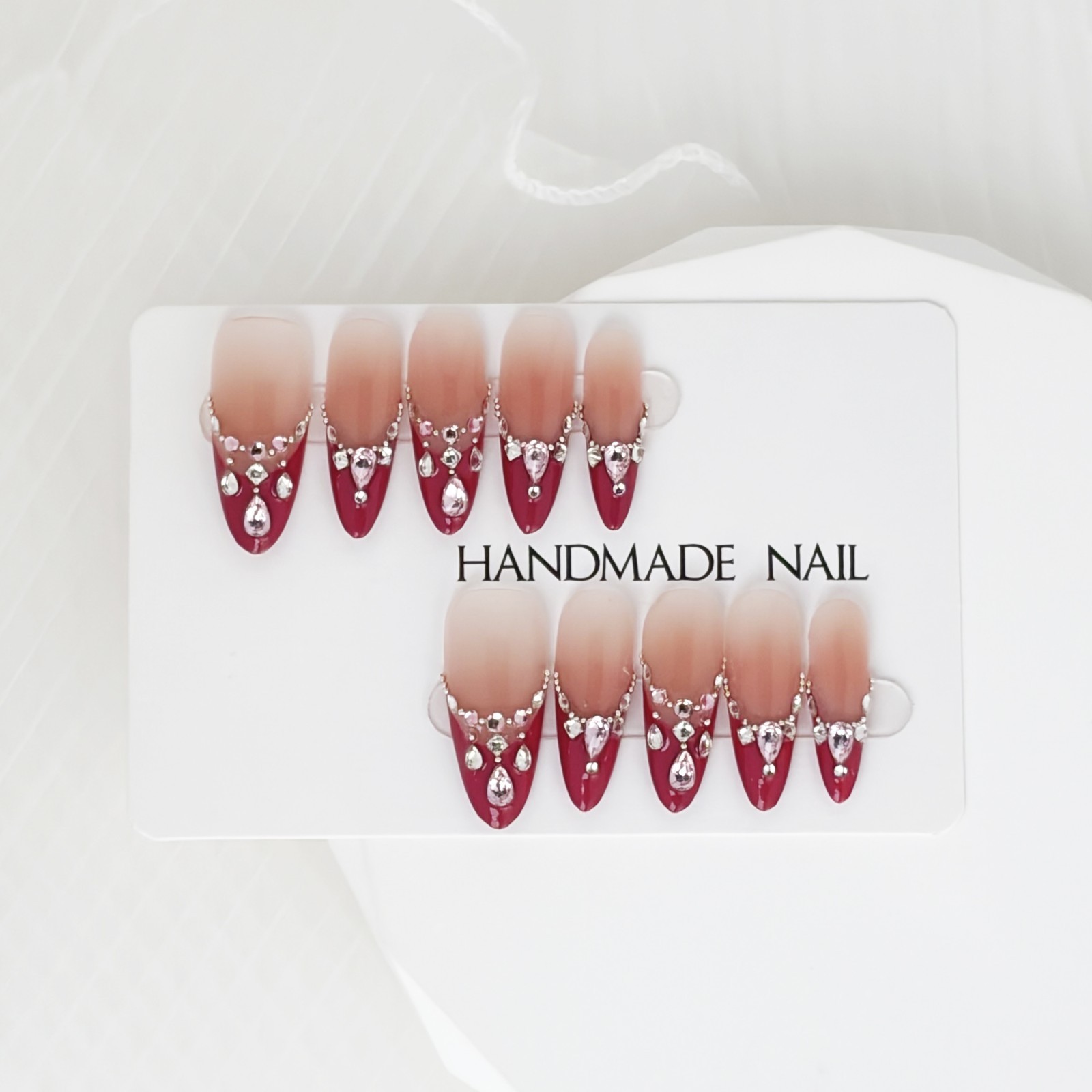 Red Brown Ombre Press-On Nails with Rhinestone Band Luxury Handmade Almond Nails