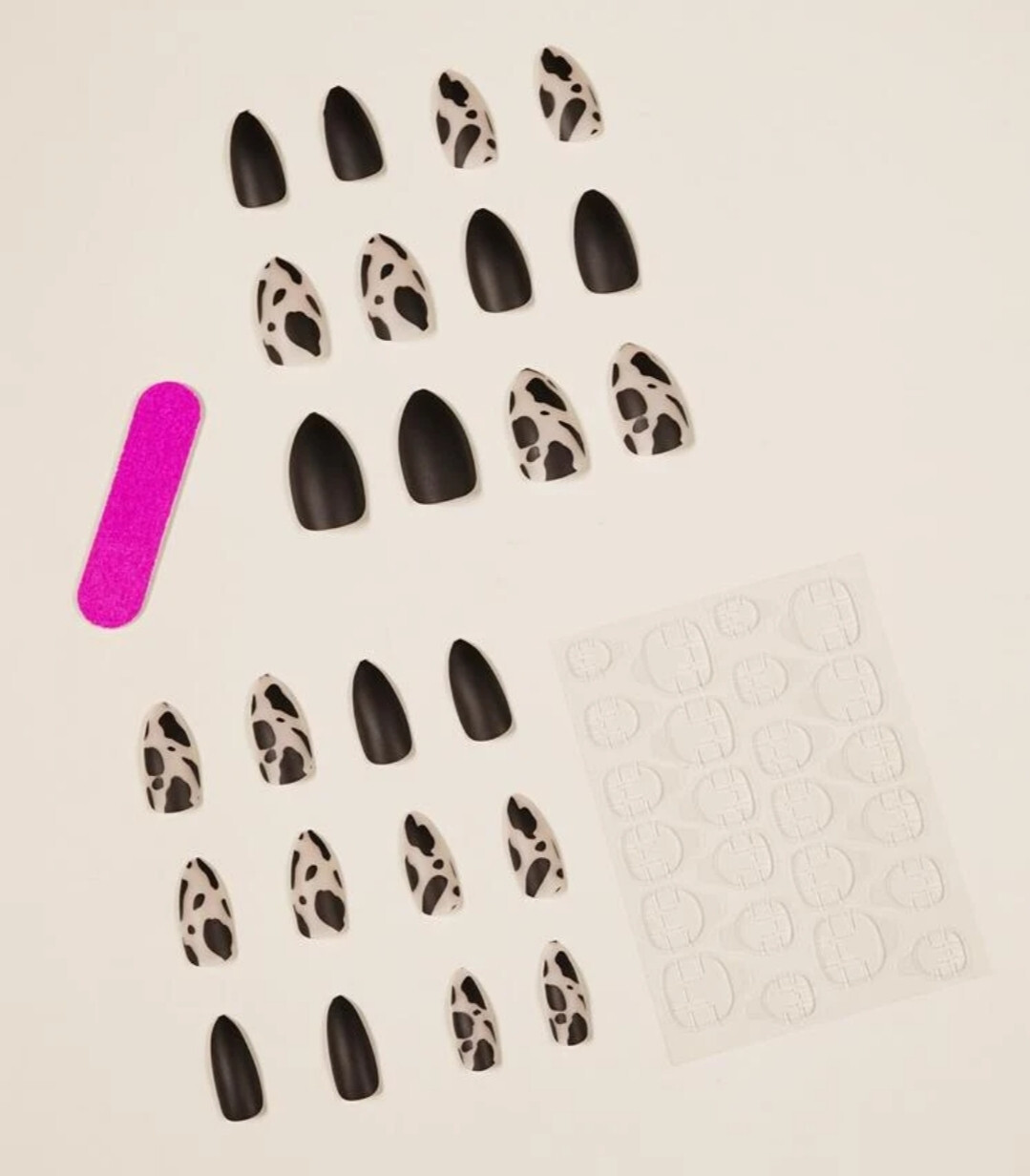 24 Press on nails kit w glue Matte black cow print mid frosted clear
