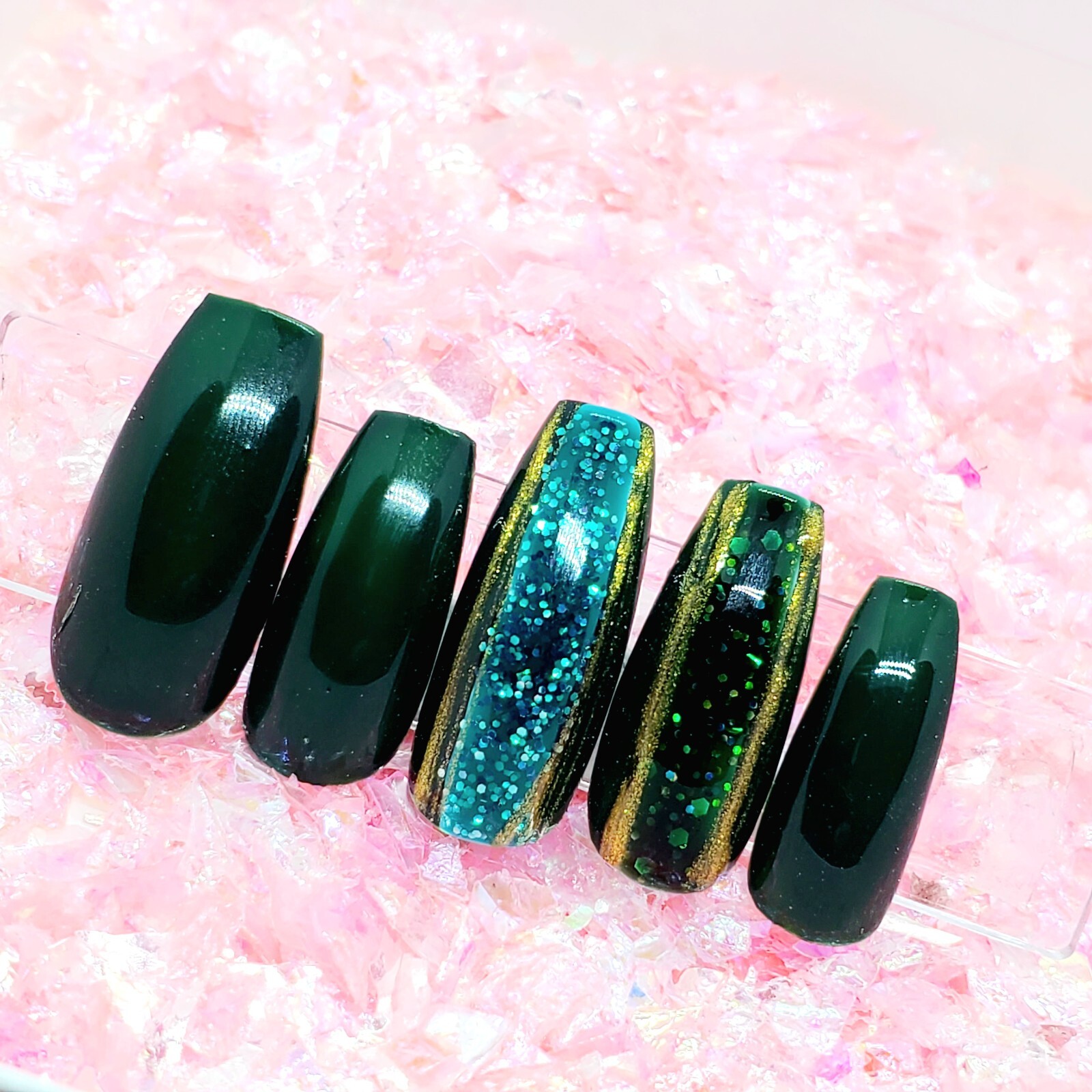 Green Glitter Two Tone Gold Stripe Short Square Press On Nails Handmade Hard Gel