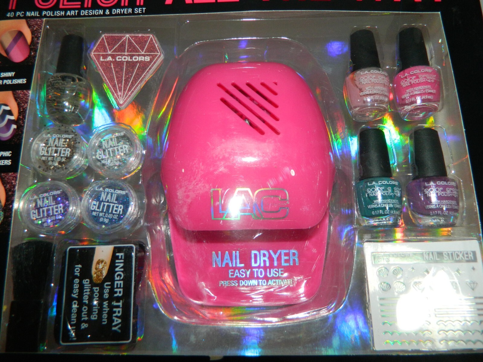 L.A. Colors Polish All The Way 40 Pc Nail Polish Art Design and Pink Dryer Set
