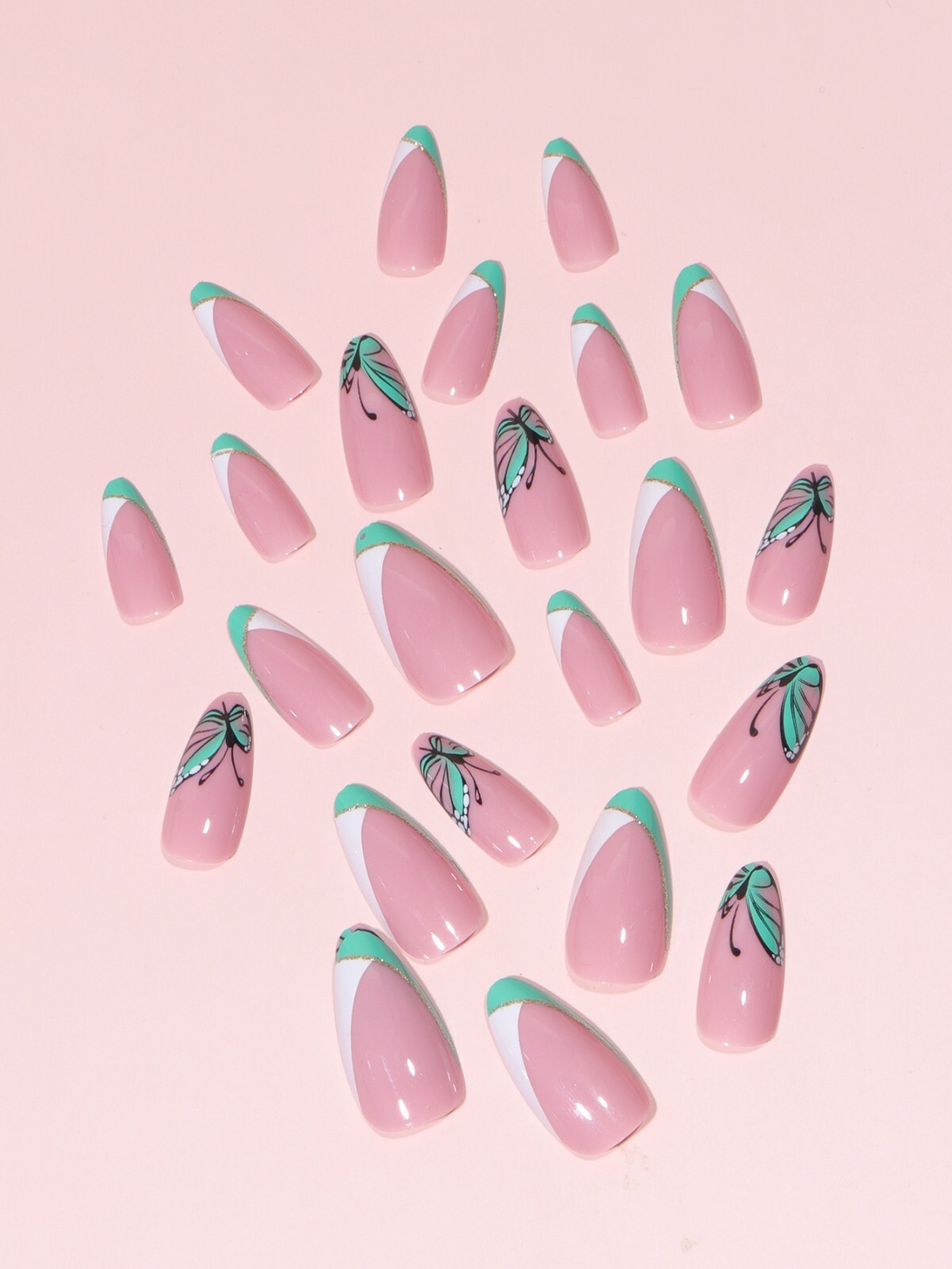 Butterfly Print French Ballerina Press On Nails 24 Pcs, Natural Salon Look