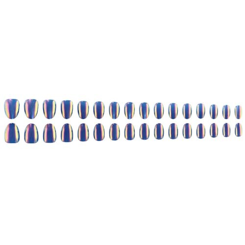 32Pcs Chrome Press on Nails Short Almond Fake Nails Blue Cat Eye False Style 3