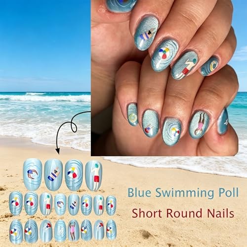 Pool Party Design – Glossy Blue Glitter Nails – Swimmer Nails