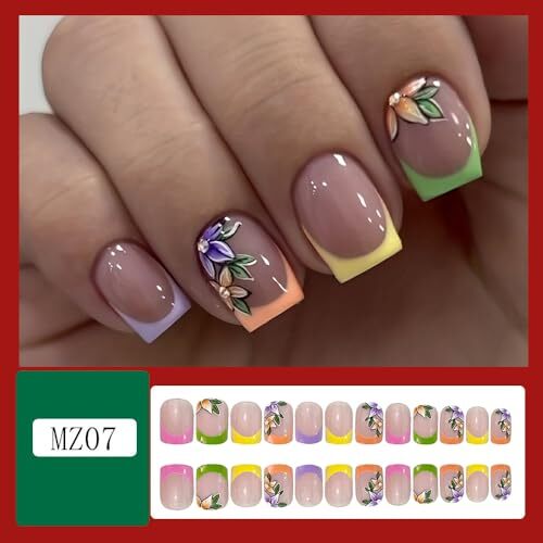 French Tip Press on Nails Short Square Fake Nails with Flower Designs s17
