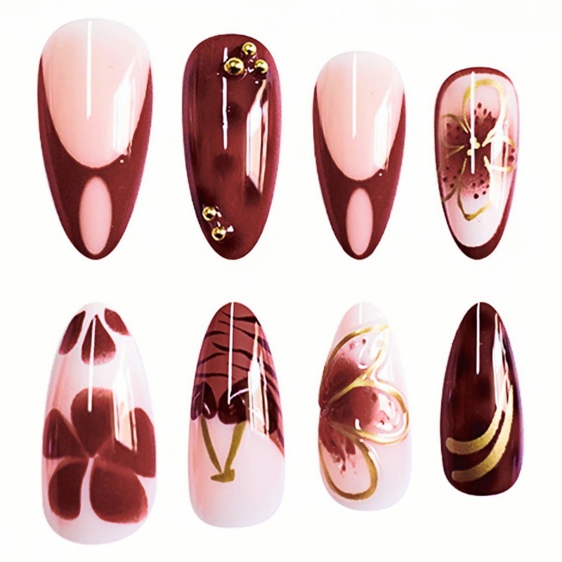 24pcs-Luxury Brown Almond Nails with Nude Base, Tortoise Print and 3D Floral Art