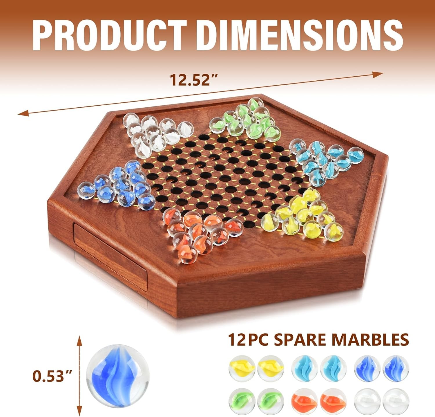 12.7 Inches Wooden Chinese Checkers x 11 x 1.6 inch, Glass Marbles