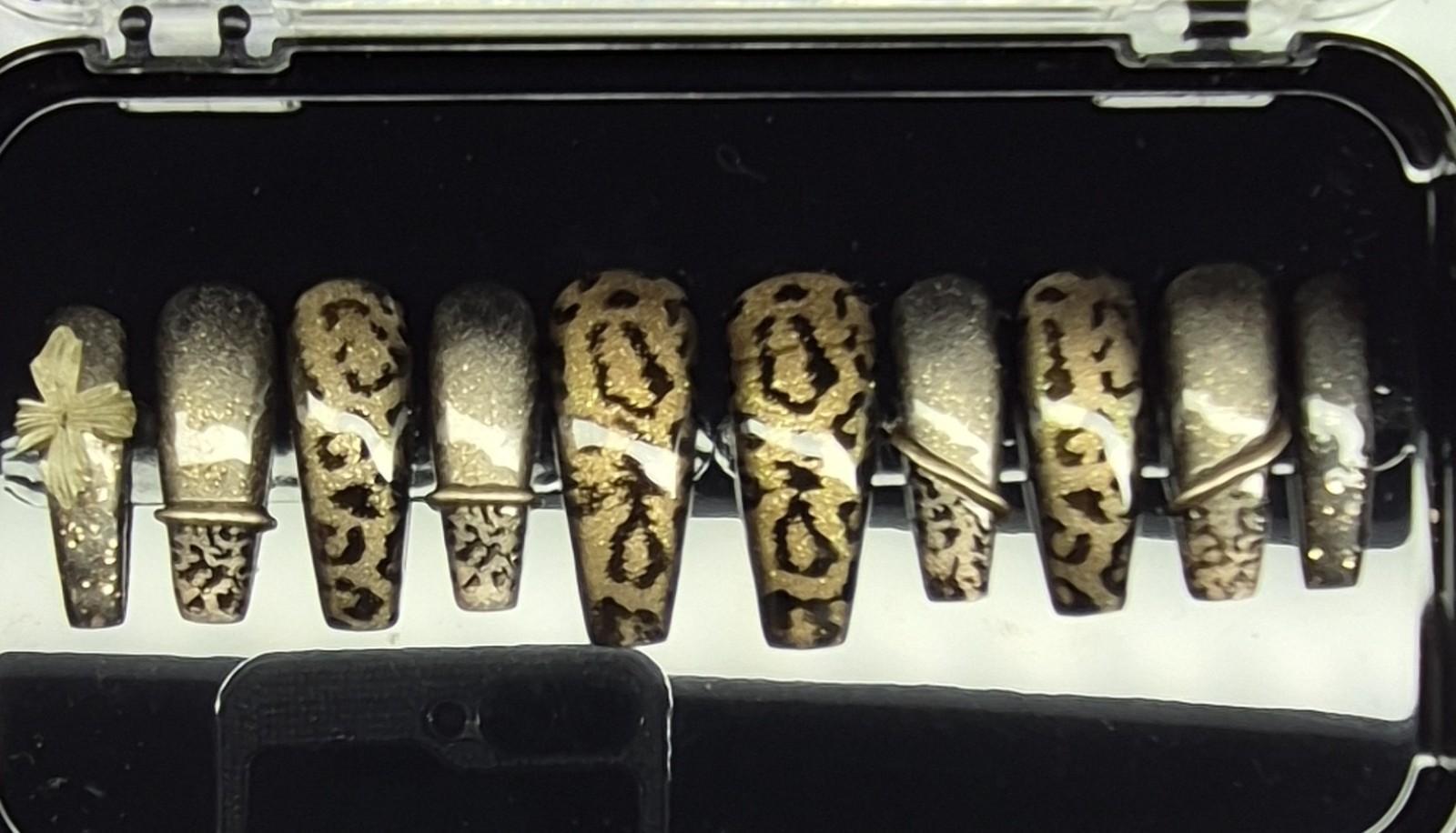 Gold Black Glitter Leopard Coffin Press-On Nails Pre-Designed Full Cover