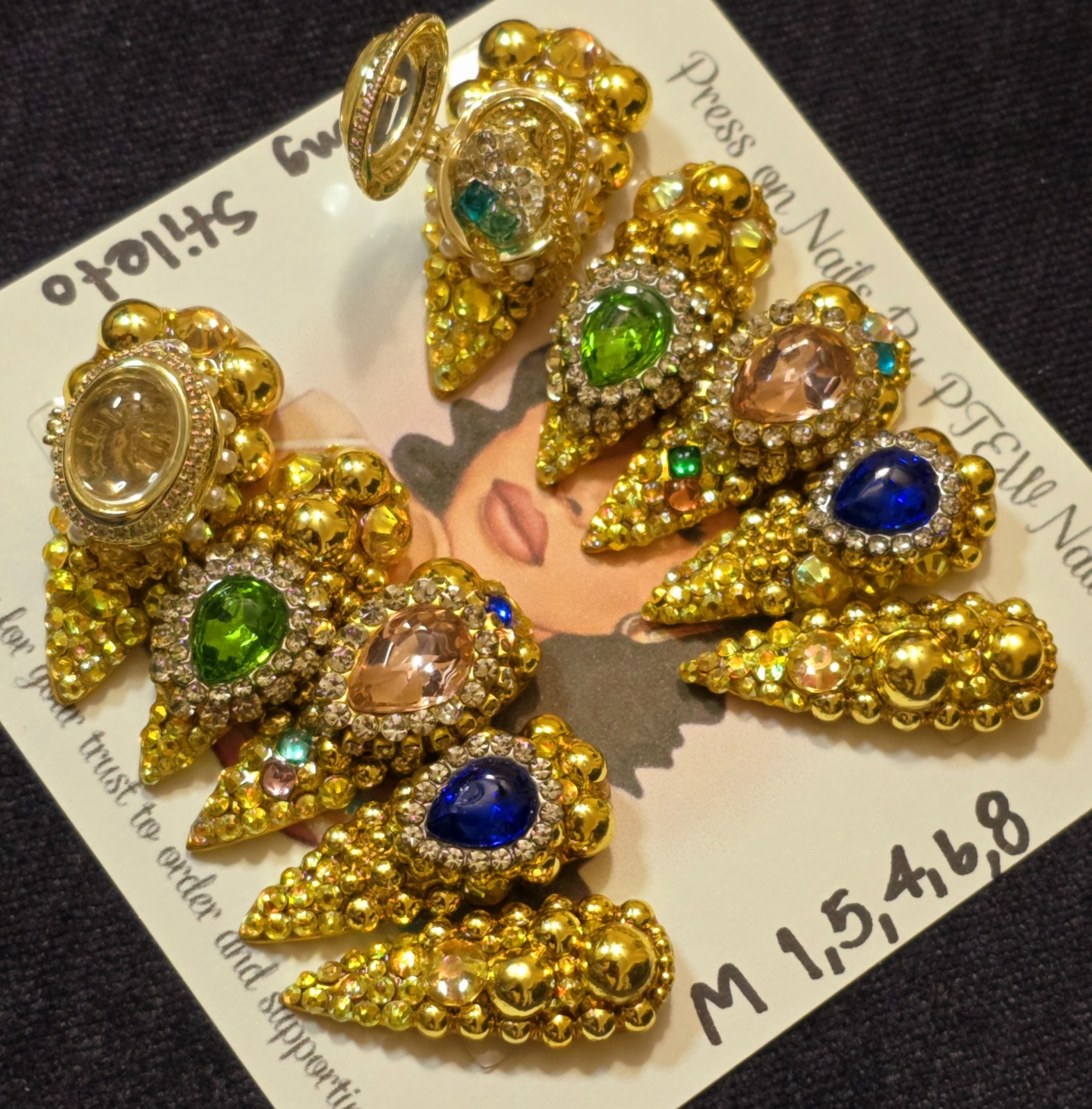 Handmade Press On Nails,Luxury Richy Girl,Medium Size 1,5,4,6,8 Long Stiletto