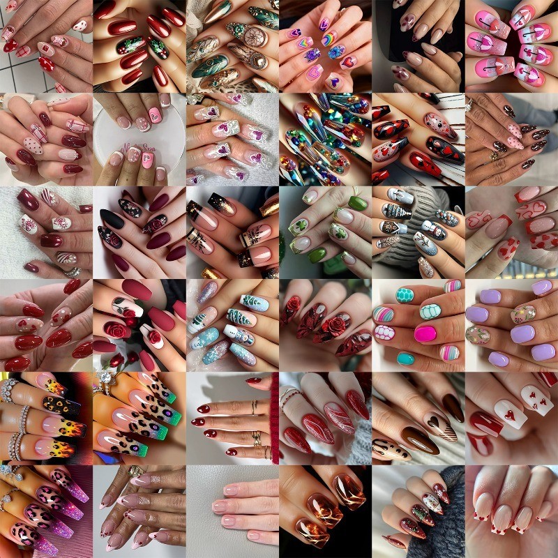Mixed Style 96 Pressed in Nails, Random Style Size Almond Square Removable Nails