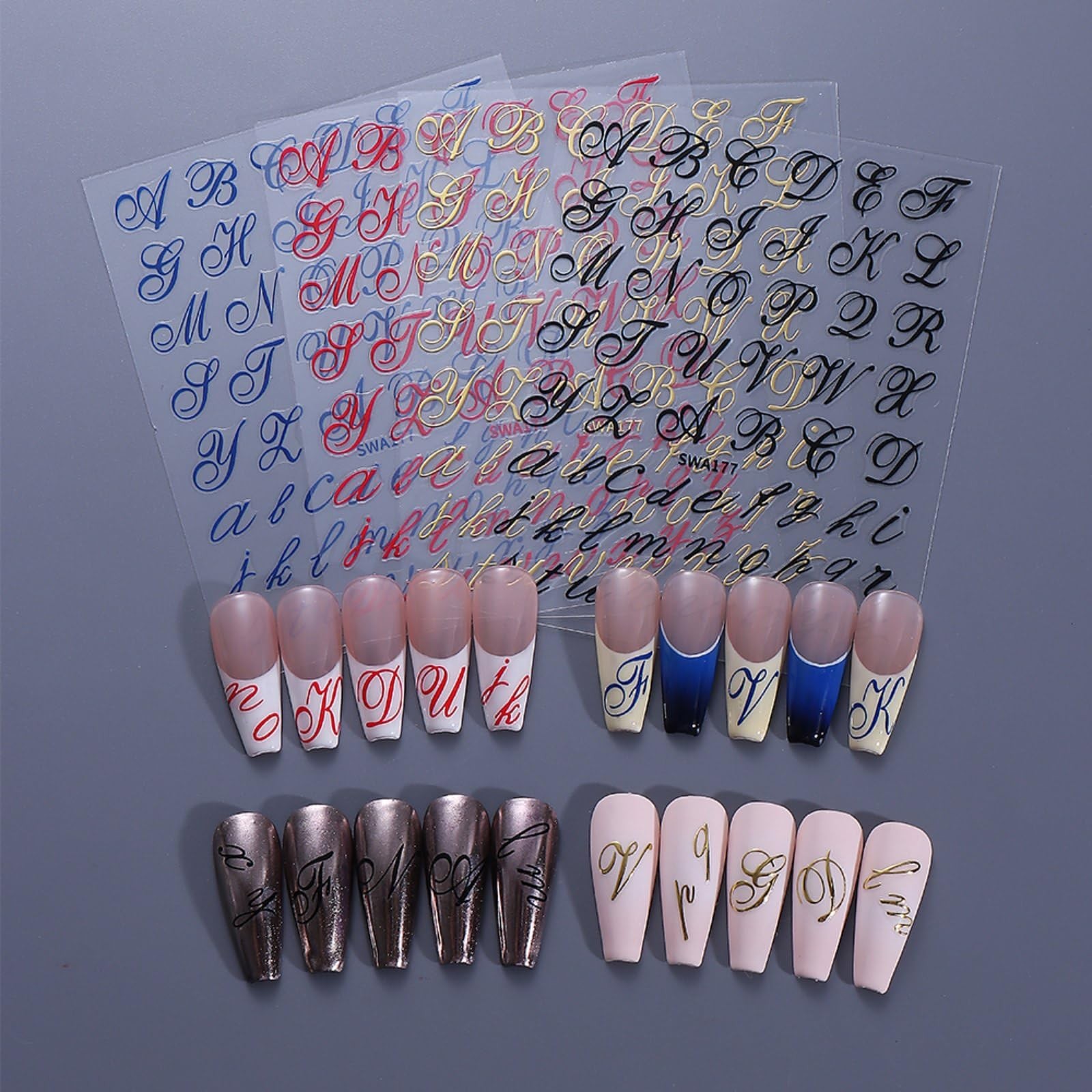 4 PCS 3D Old English Letter Nail Art Stickers Gold Blue Red Black Decals