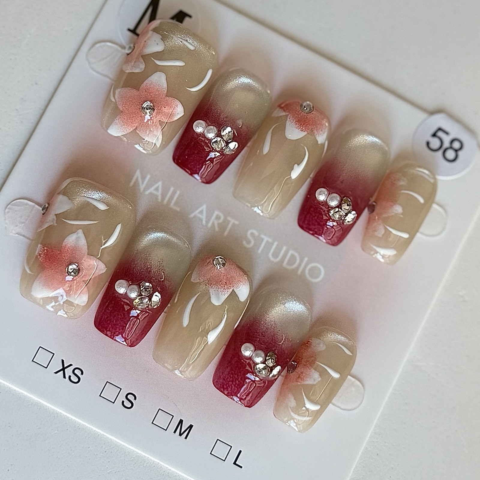 Handmade Nude 3D Flower Press-On Nails Size M Medium Square Reusable False Nail