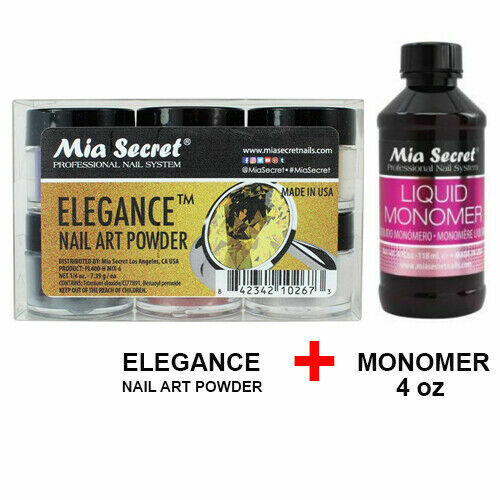 New Mia Secret Monomer 4 Ounce + ELEGANCE Nail Art Powder 6 Colors Collection
