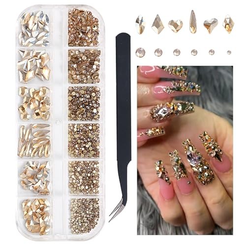 1 Box Nail Art Rhinestones Multi Shapes 3D Flatback Bedazzling Champagne Gold